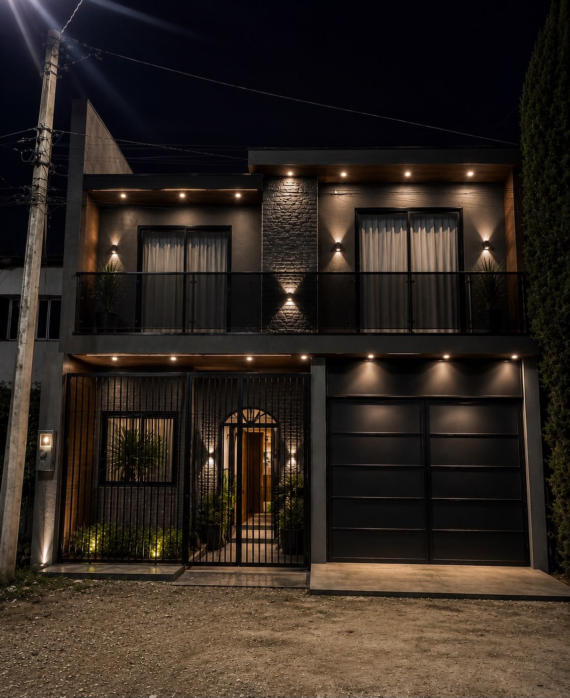 Fachada residencial iluminada por la noche, con barandales, ventanales y acceso de aluminio.
