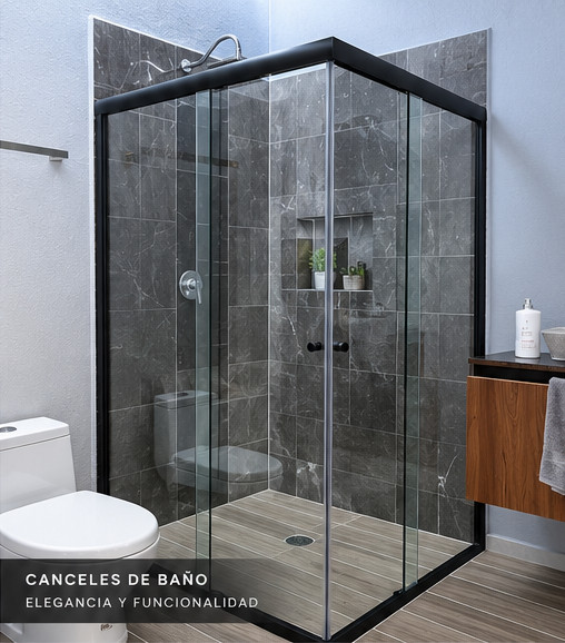 Cancel de baño esquinero con cristal y perfiles oscuros. Trabajo real de Vidrio y Aluminio EG.