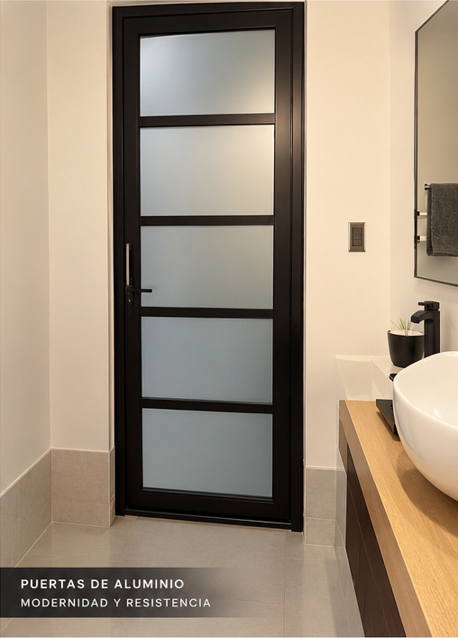 Puerta de aluminio con acabado negro y paneles de vidrio. Trabajo real de Vidrio y Aluminio EG.